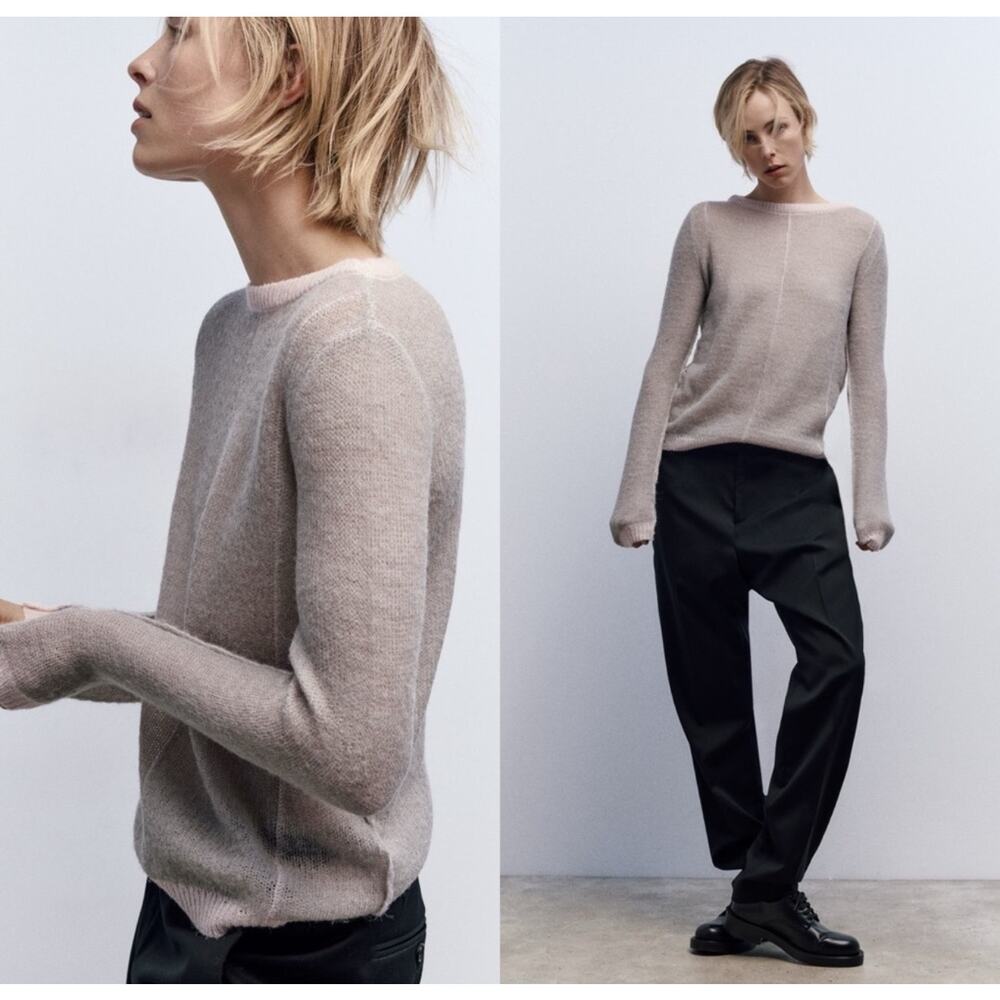 Zara Gray with Pink Edging Lightweight Sweater, Women's Size S, EUC